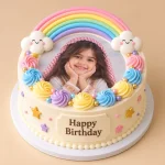 Rainbow photo cake for kids with edible photo topper, pastel buttercream swirls, gold pearls and fondant clouds
