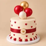 Ivory Red Heart Balloon Cake with red fondant hearts, gold heart medallion and red white and gold sugar balloons