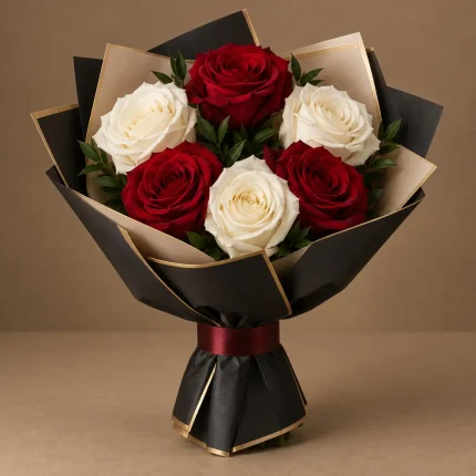 Six red and ivory roses with fresh greenery in black and champagne luxury wrapping