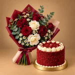 Red velvet celebration cake with ivory cream piping and red and ivory rose bouquet