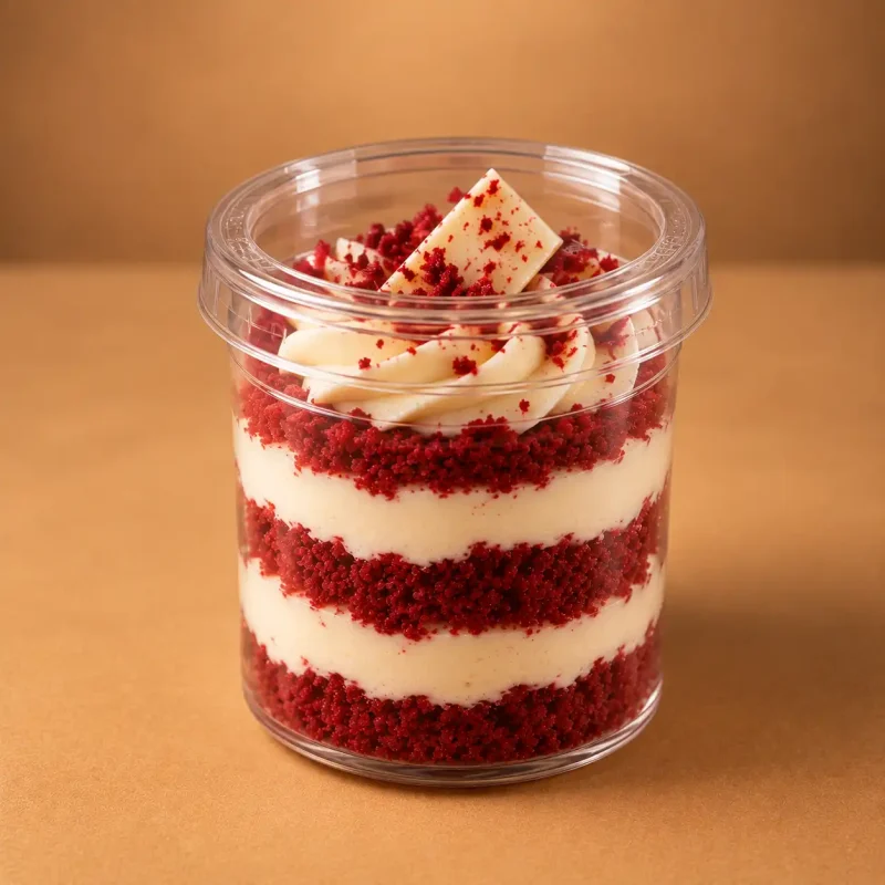 Red velvet cake jar layered with cream cheese frosting, red velvet crumbs and white chocolate garnish