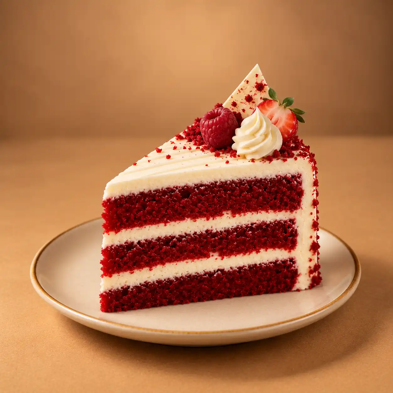 Red Velvet Cake Slice Premium red velvet cake slice with cream cheese frosting and berry and chocolate garnish