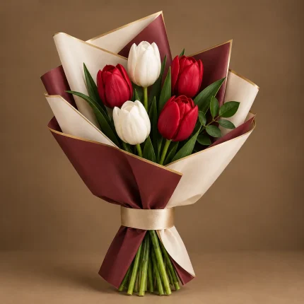 Red and white tulip bouquet with fresh green foliage and elegant wrapping