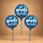 Set of three blue Happy Birthday foil balloons with colorful confetti details