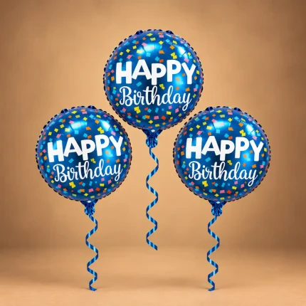 Set of three blue Happy Birthday foil balloons with colorful confetti details