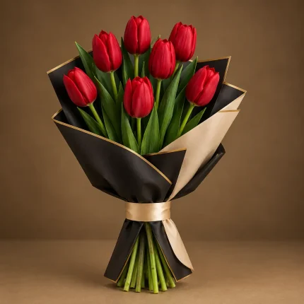 Seven red tulips arranged at varied heights with green foliage in black and champagne luxury wrapping