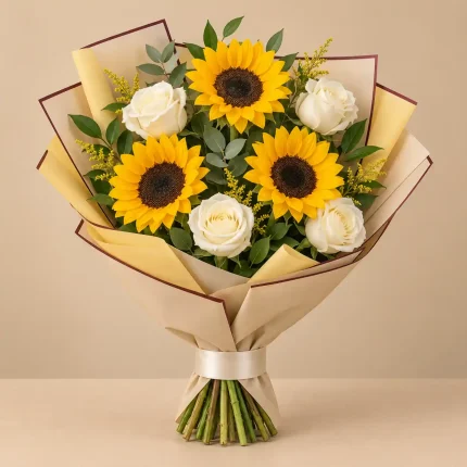 Yellow sunflowers and white roses with fresh greenery in beige and soft yellow wrapping