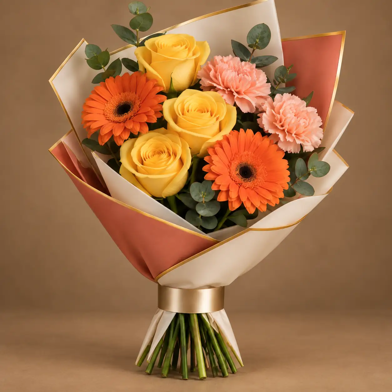 باقة زهور مشكلة ببهجة ألوان الغروب Yellow roses orange gerberas and pink carnations mixed flower bouquet
