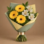 Yellow gerbera and white alstroemeria bouquet with fresh greenery