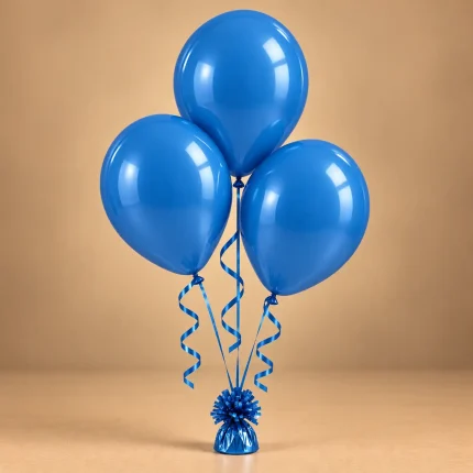 Trio of glossy blue celebration balloons with coordinating ribbons and decorative balloon weight