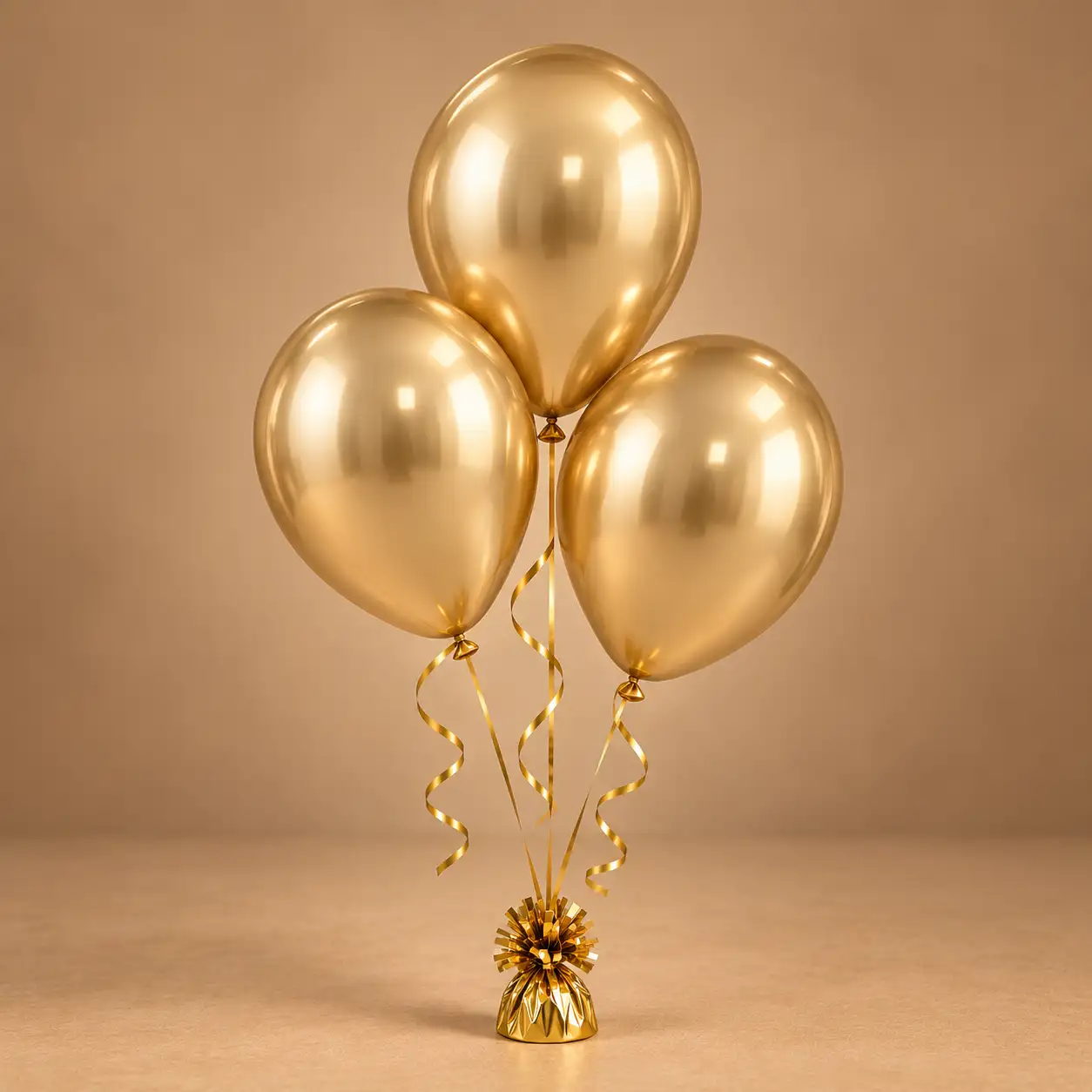 ثلاثية بالونات الاحتفال باللون الذهبي Three metallic golden celebration balloons at complementary heights with matching ribbons and a decorative balloon weight
