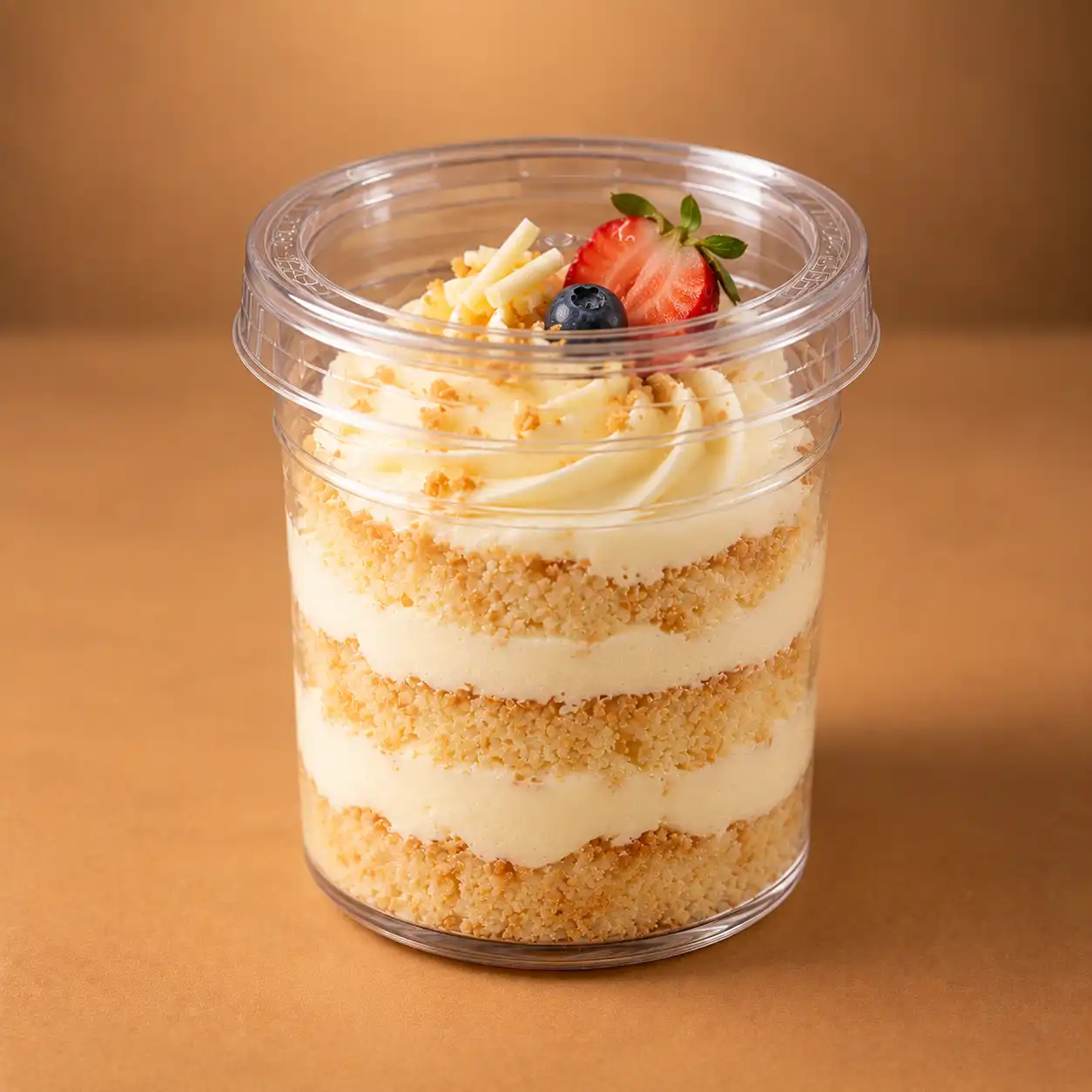 Vanilla Berry Cake Jar Vanilla berry cake jar with vanilla cream, strawberries, blueberries and white chocolate