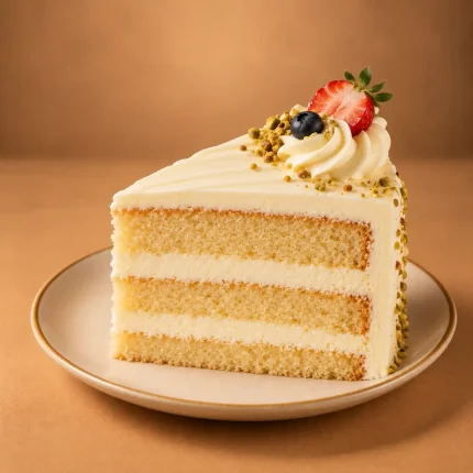Vanilla berry cake slice with vanilla cream, fresh strawberries, blueberries and crushed pistachio