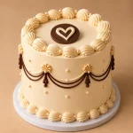 Ivory heart-shaped vintage cake with chocolate piping, bows and decorative garland