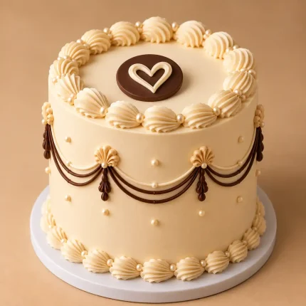 Ivory heart-shaped vintage cake with chocolate piping, bows and decorative garland