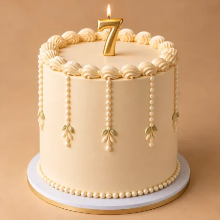 Ivory vintage birthday cake with pearl details, decorative piping and a number candle