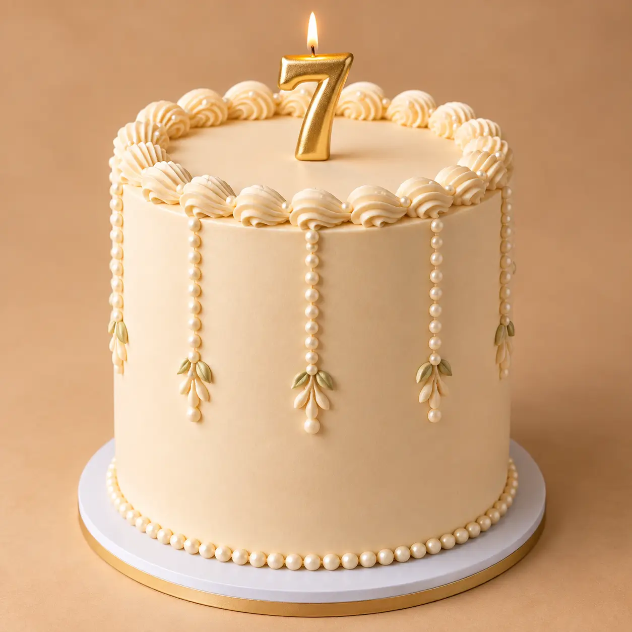 Vintage Pearl Birthday Cake with Number Candle Ivory vintage birthday cake with pearl details, decorative piping and a number candle